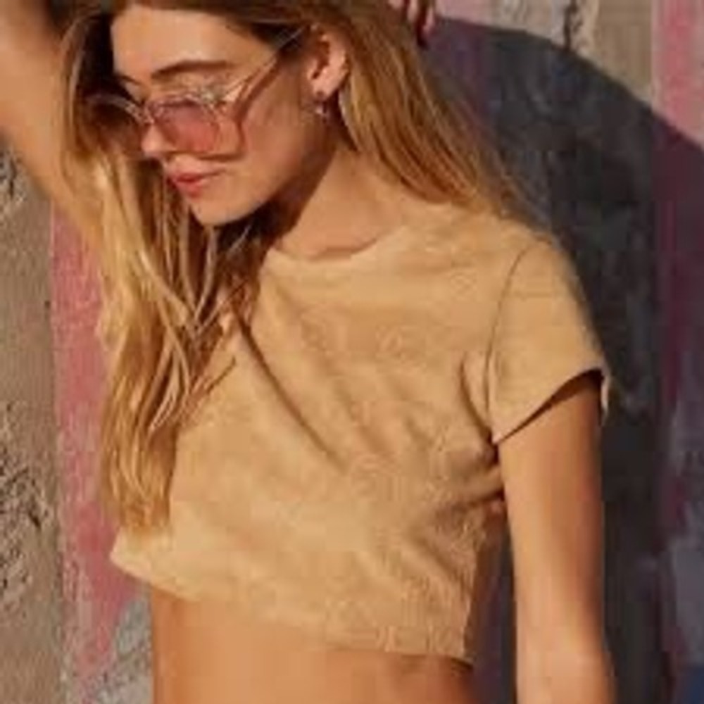 OFFLINE by Aerie Summer Lights Smiley Crop Top XS Tan Terrycloth Festival‎